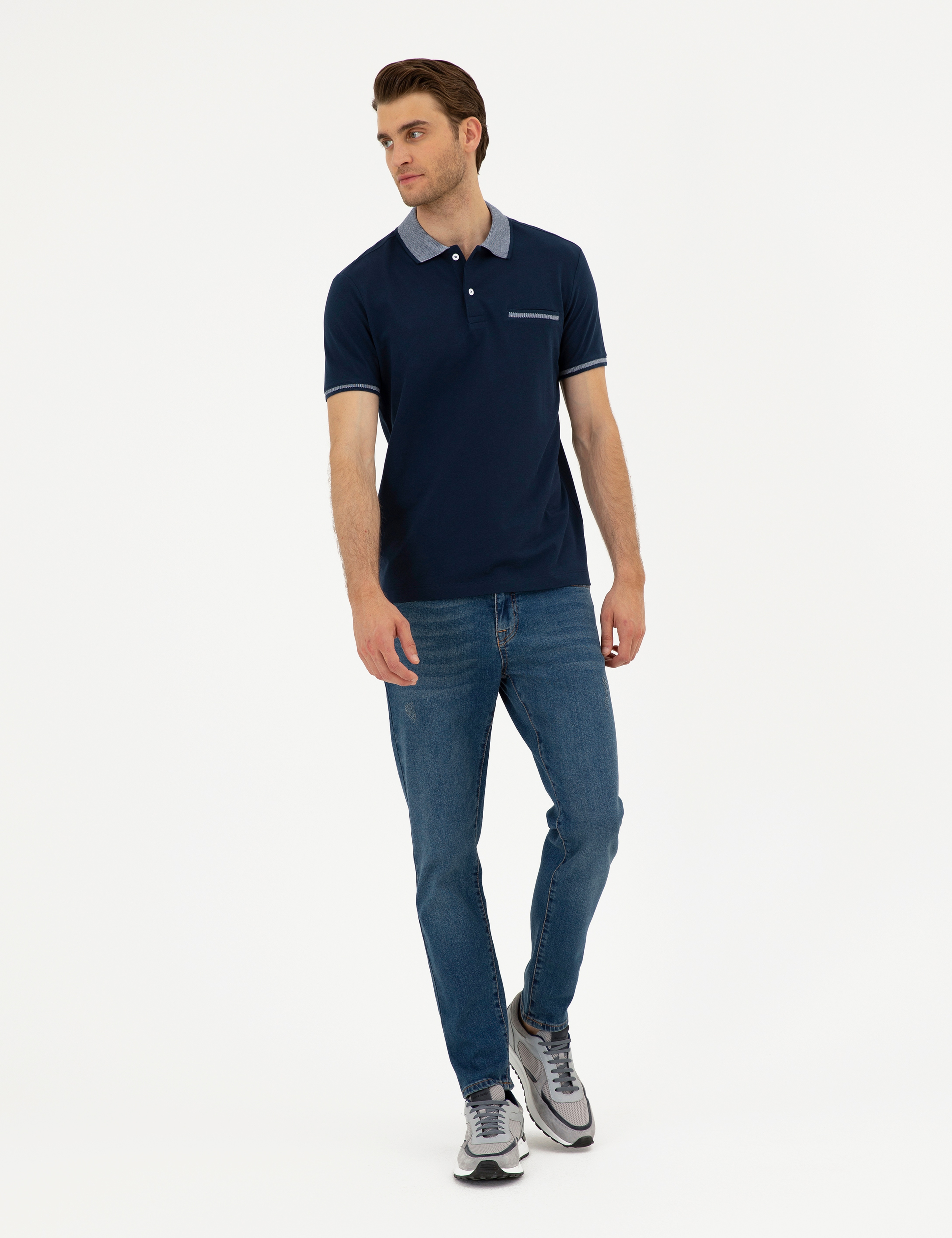 Lacivert Slim Fit %100 Pamuk Düğmeli Polo Yaka Tişört