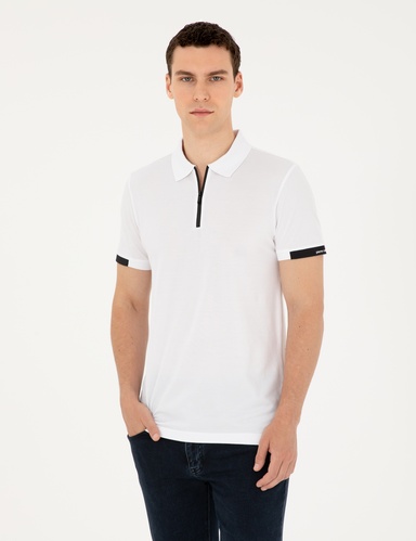 Beyaz Slim Fit Fermuarlı Polo Yaka Tişört