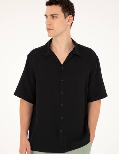 Siyah Oversize Kısa Kollu Gömlek