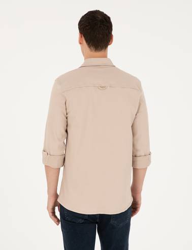 Bej Slim Fit Uzun Kollu Jean Gömlek
