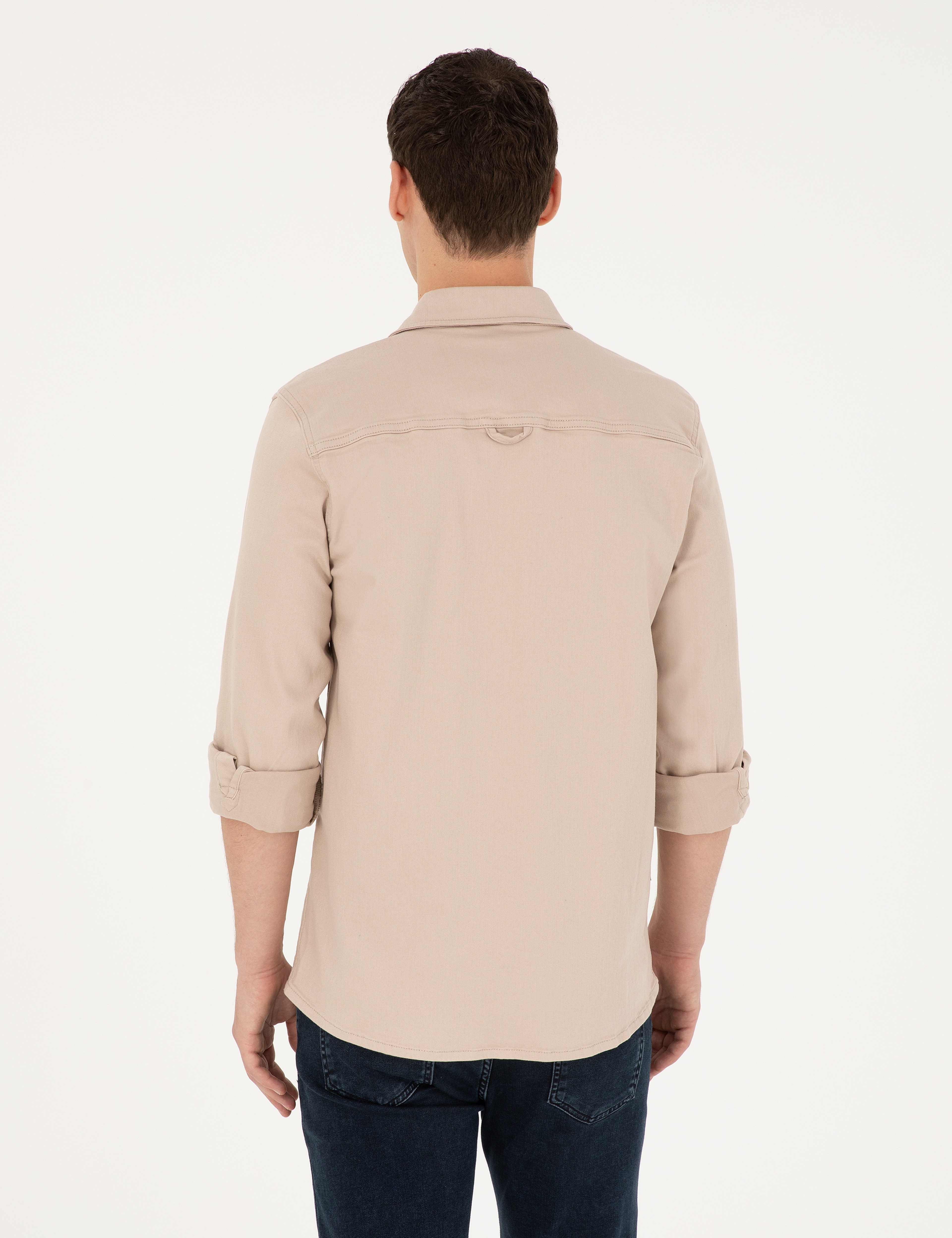 Bej Slim Fit Uzun Kollu Jean Gömlek - Image 5