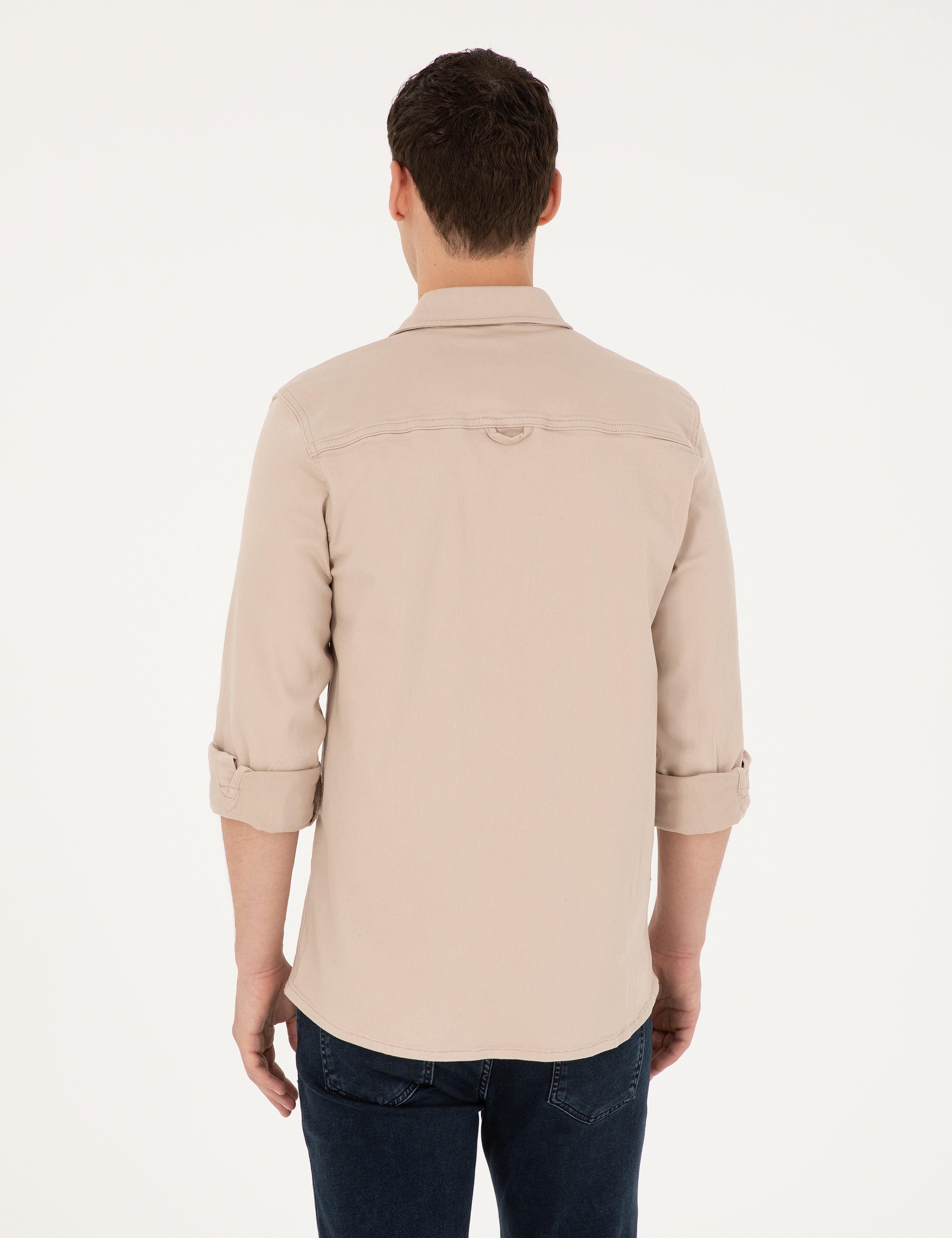 Bej Slim Fit Uzun Kollu Jean Gömlek