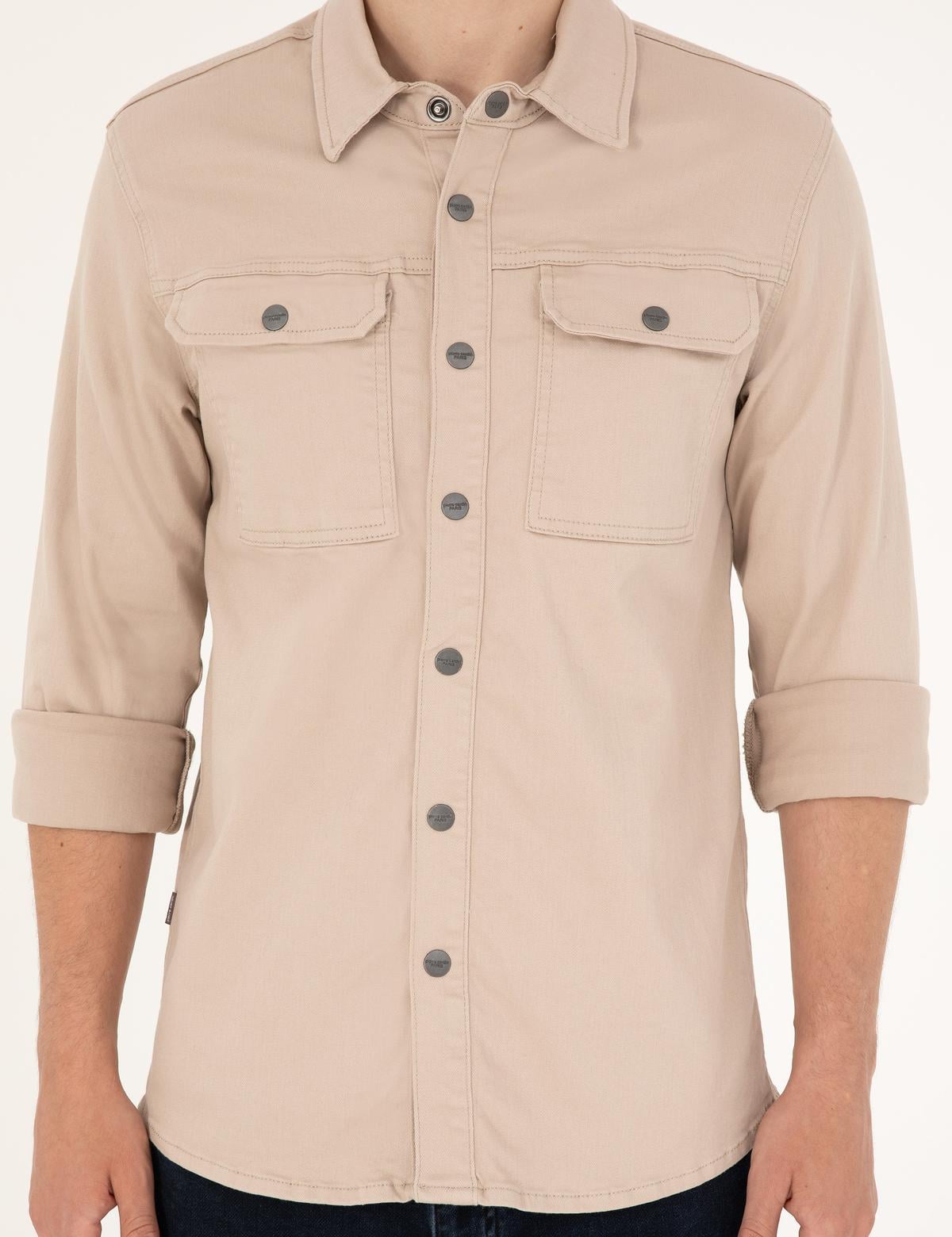 Bej Slim Fit Uzun Kollu Jean Gömlek - 50288262006