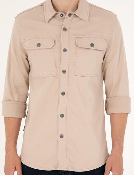 Bej Slim Fit Uzun Kollu Jean Gömlek - 50288262006