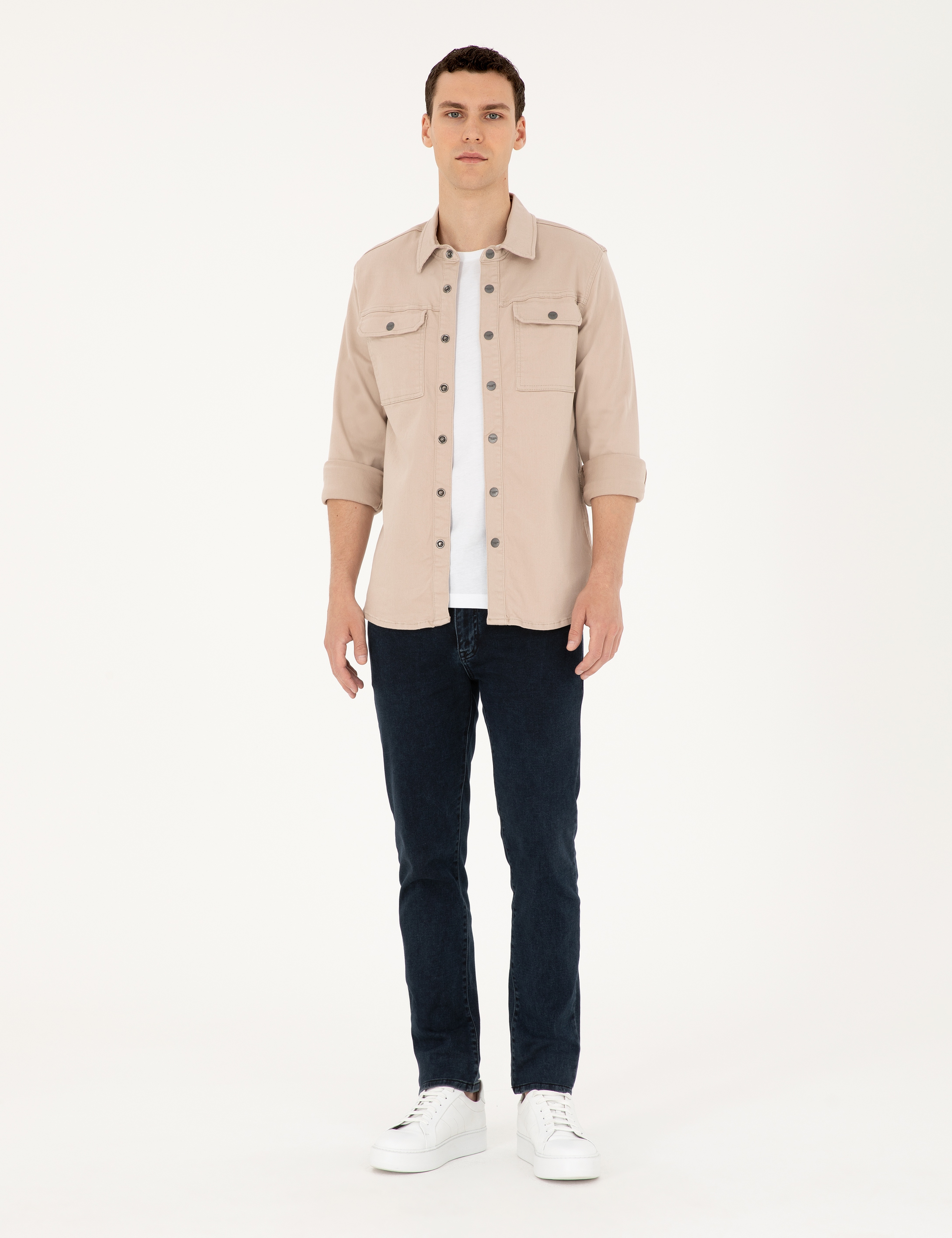Bej Slim Fit Uzun Kollu Jean Gömlek - Image 4