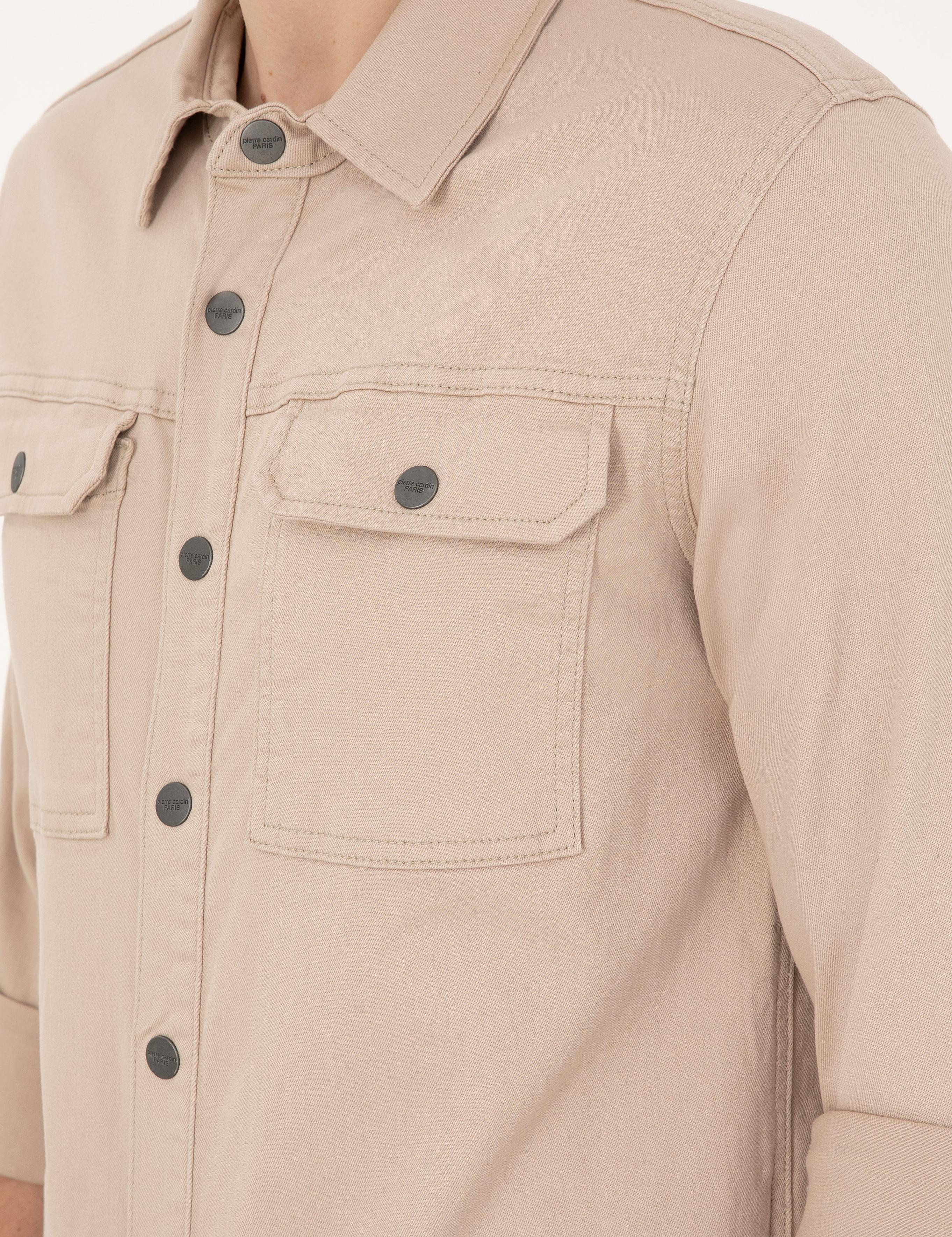 Bej Slim Fit Uzun Kollu Jean Gömlek