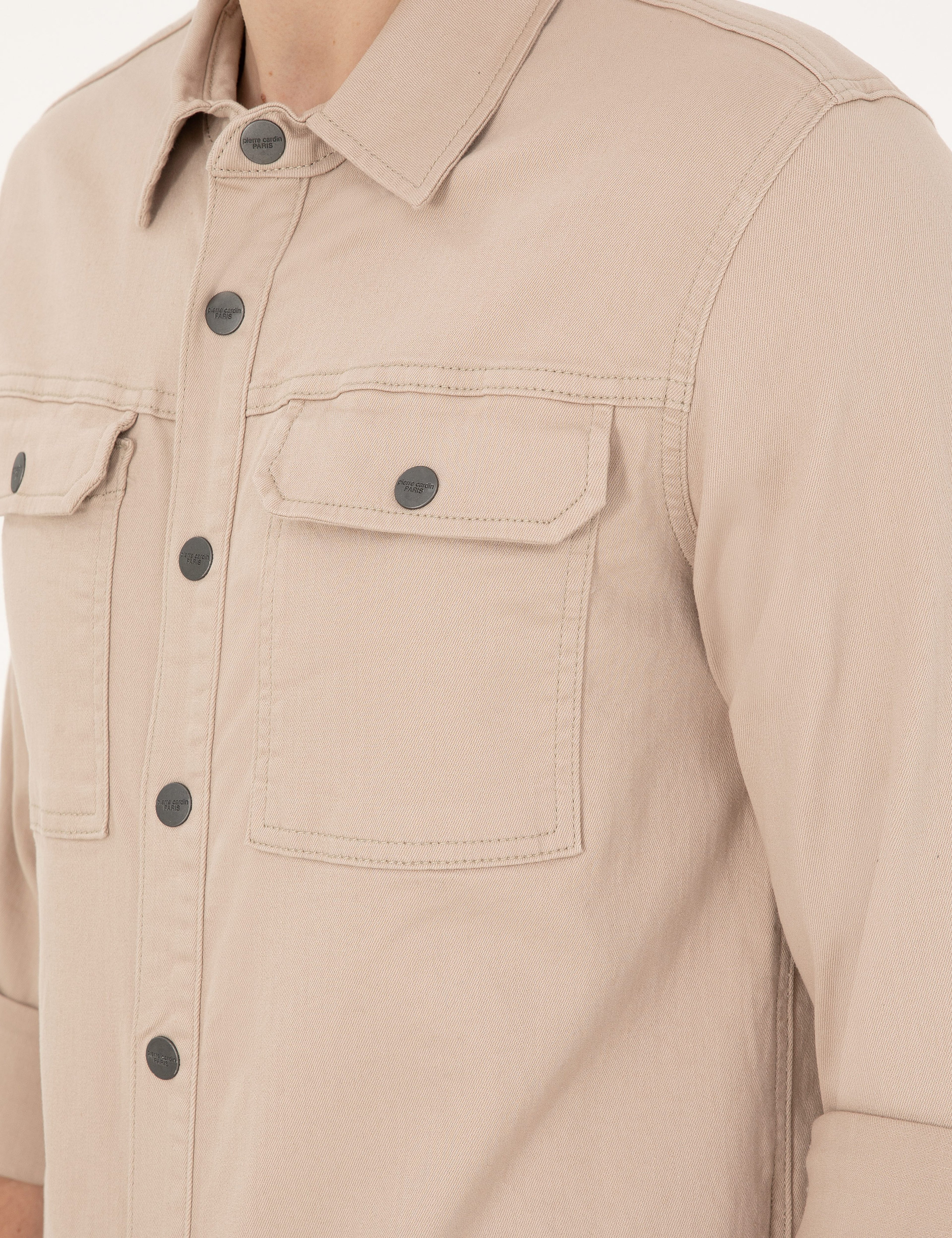 Bej Slim Fit Uzun Kollu Jean Gömlek - Image 7