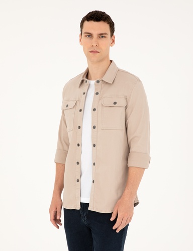 Bej Slim Fit Uzun Kollu Jean Gömlek