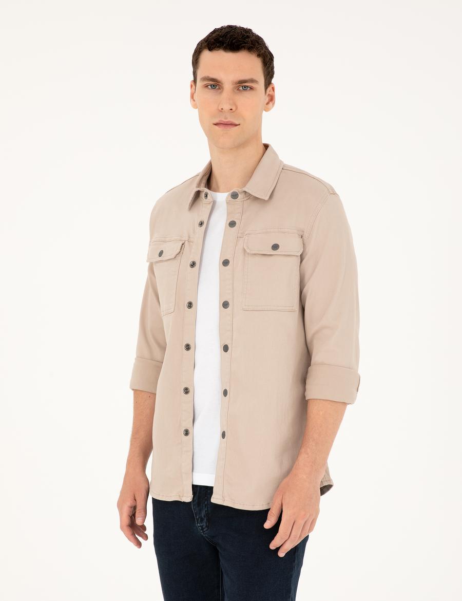 Bej Slim Fit Uzun Kollu Jean Gömlek