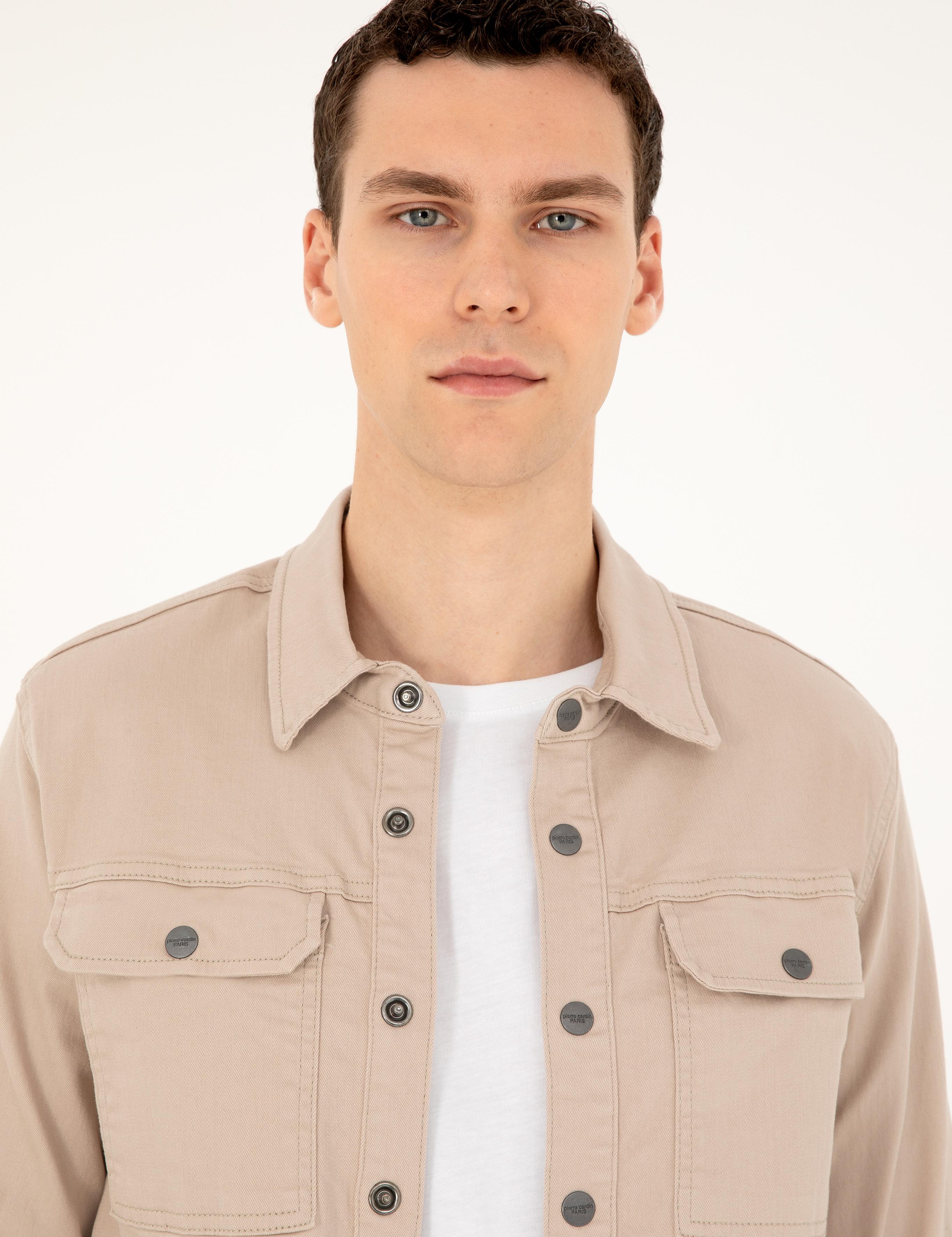 Bej Slim Fit Uzun Kollu Jean Gömlek