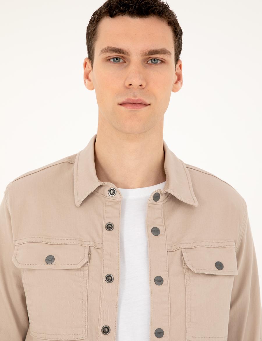Bej Slim Fit Uzun Kollu Jean Gömlek
