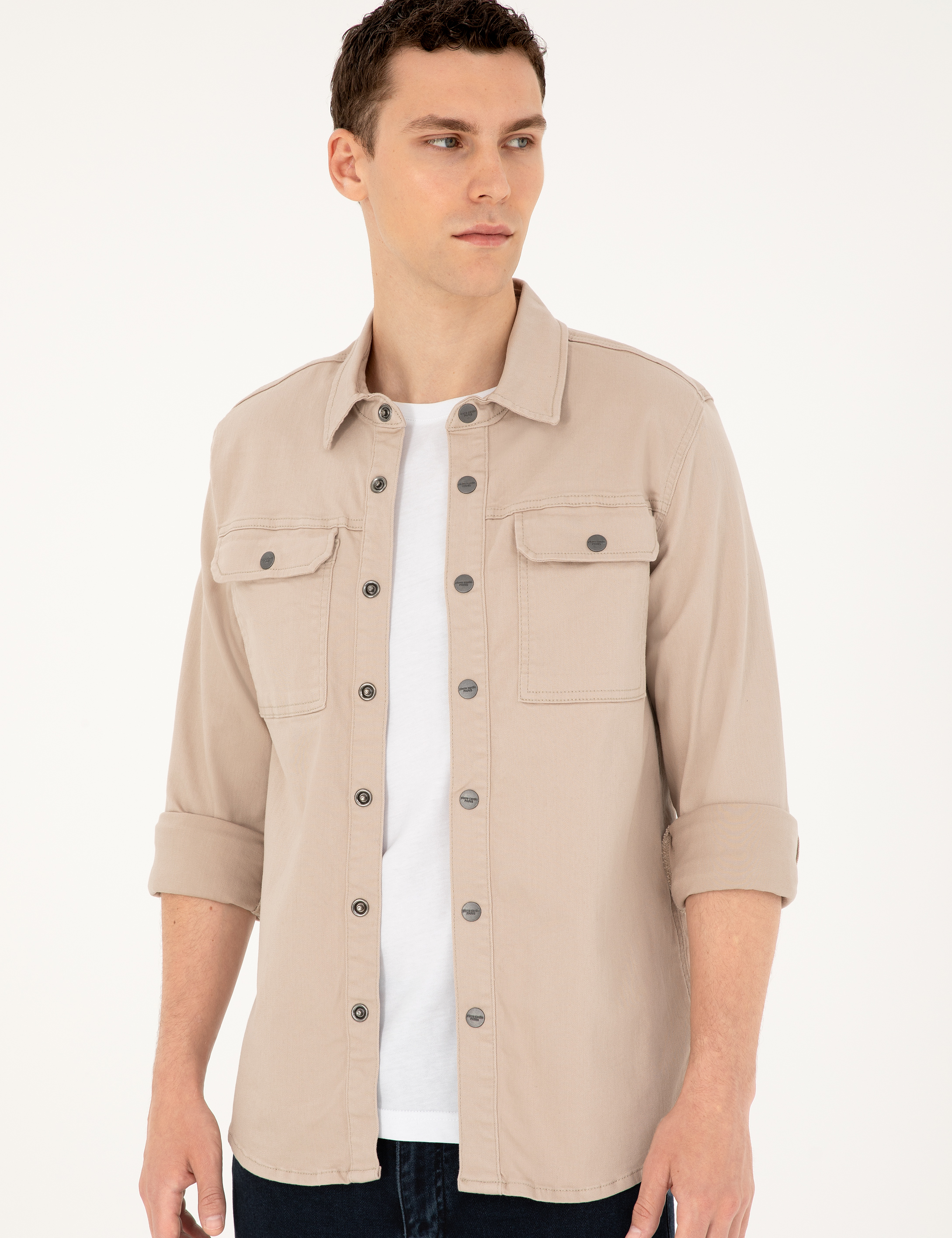 Bej Slim Fit Uzun Kollu Jean Gömlek - 50288262006