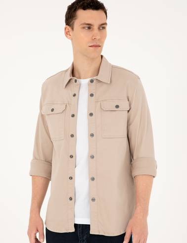 Bej Slim Fit Uzun Kollu Jean Gömlek