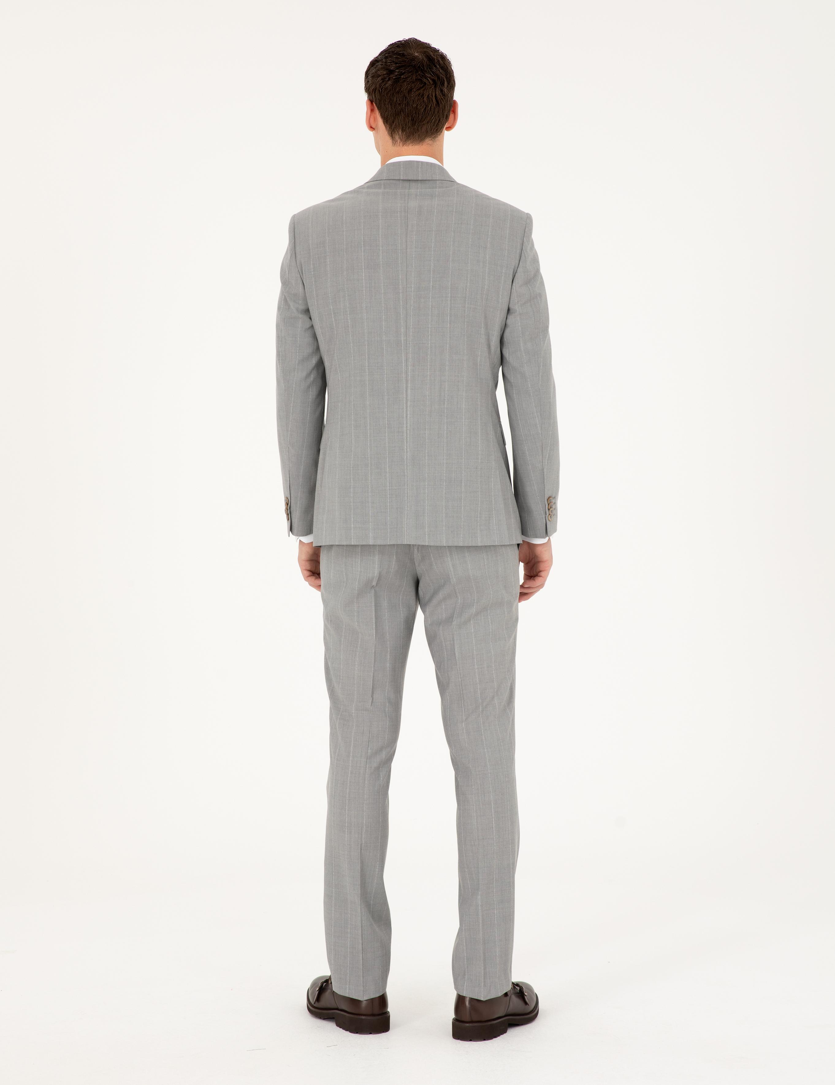 Gri Slim Fit Çizgili Yün Takım Elbise