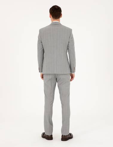 Gri Slim Fit Çizgili Yün Takım Elbise