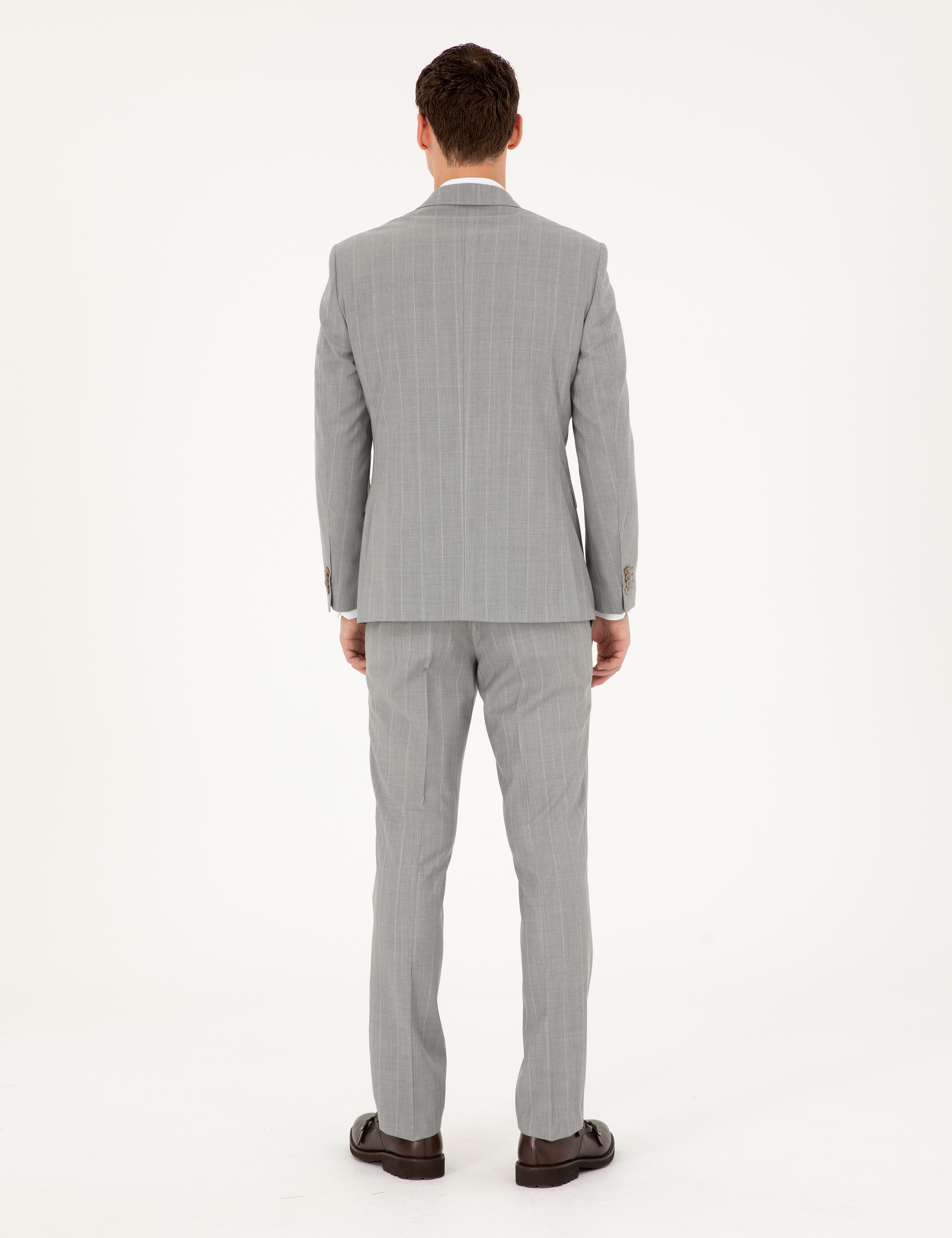 Gri Slim Fit Çizgili Yün Takım Elbise