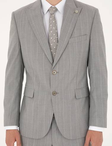 Gri Slim Fit Çizgili Yün Takım Elbise