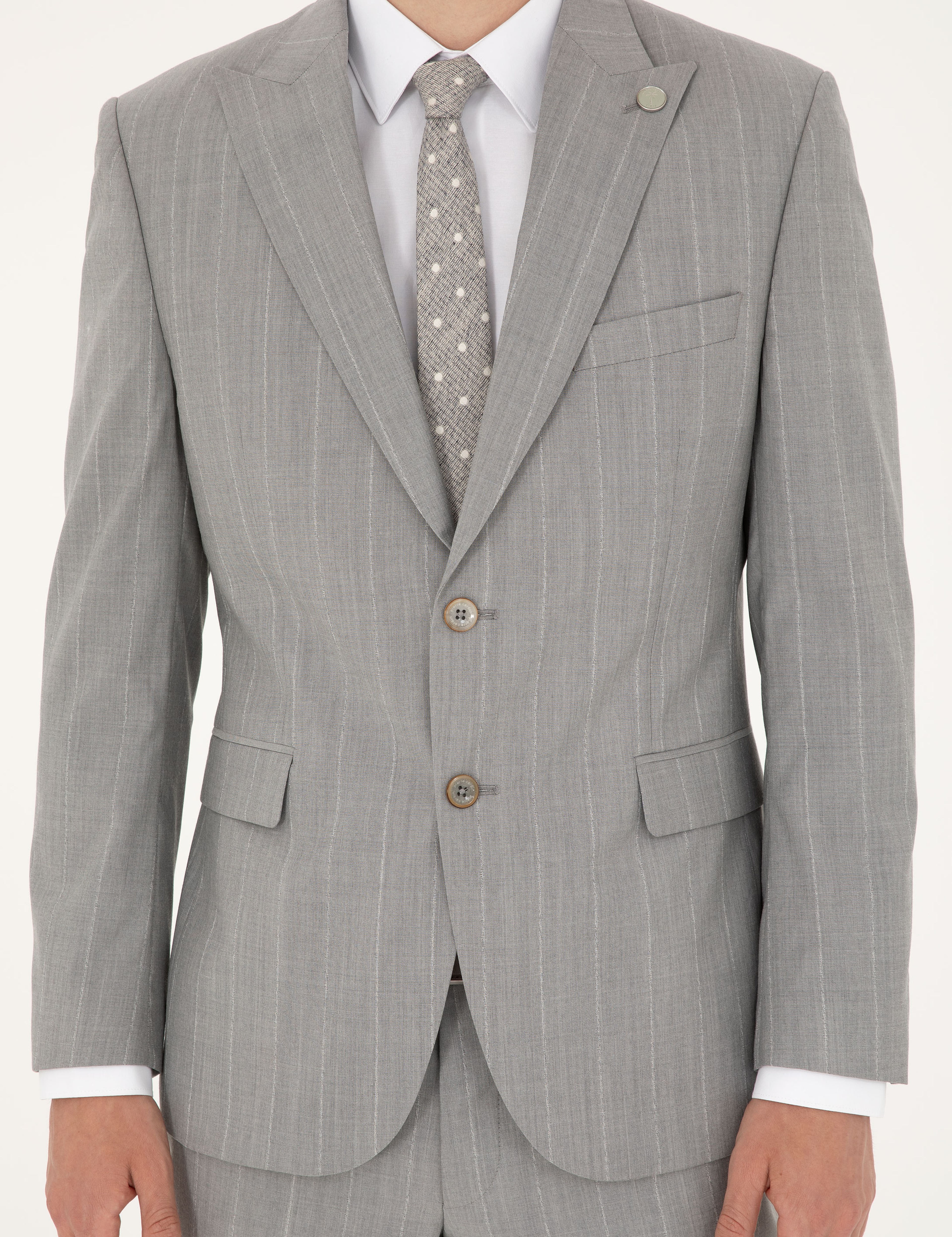Gri Slim Fit Çizgili Yün Takım Elbise - Image 6