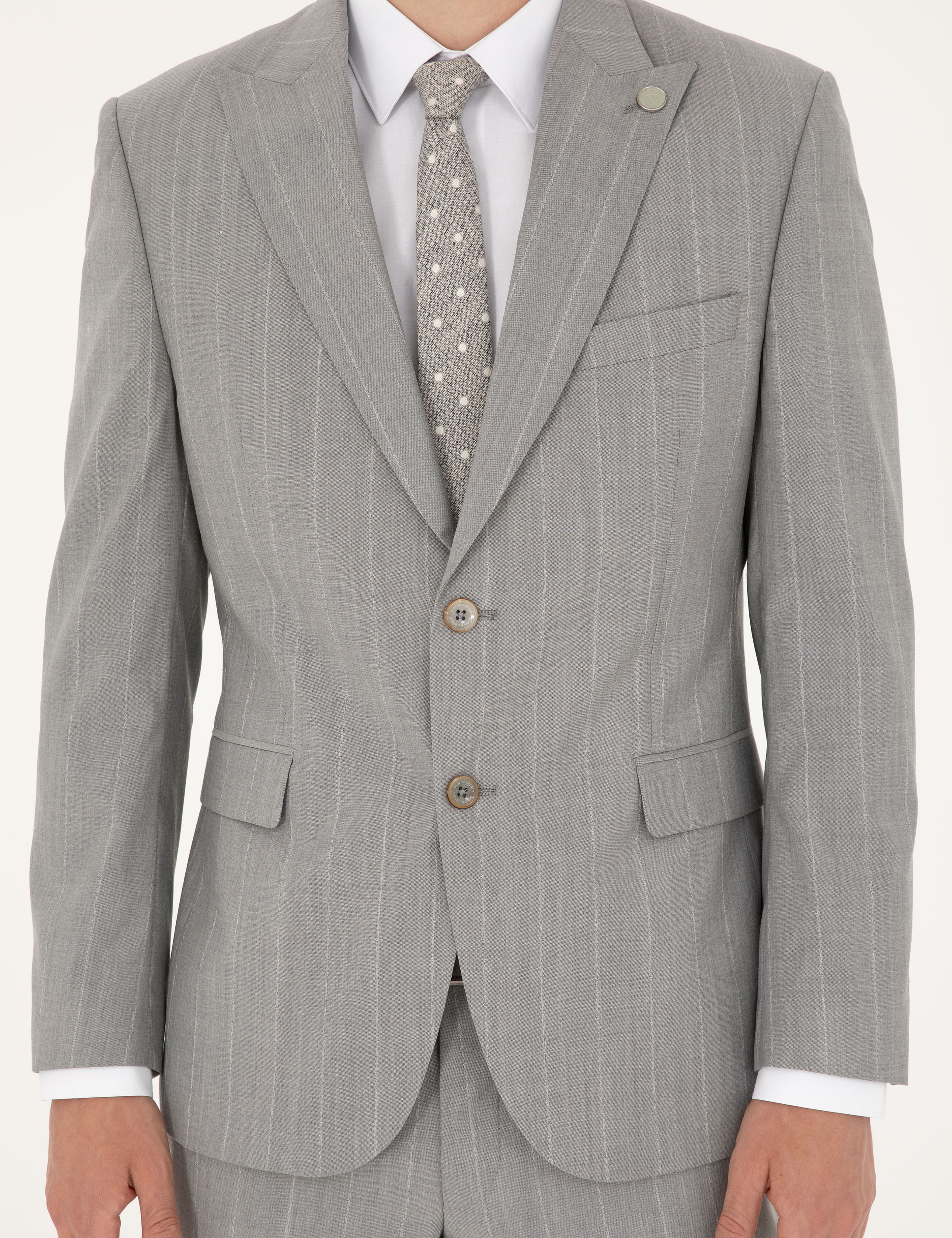 Gri Slim Fit Çizgili Yün Takım Elbise