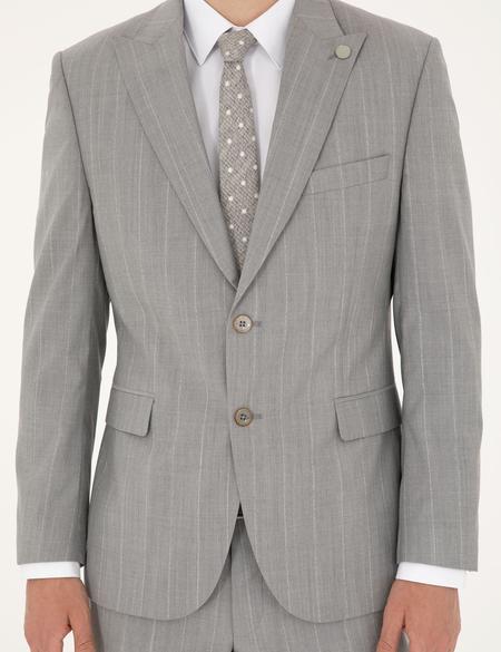 Gri Slim Fit Çizgili Yün Takım Elbise - 50285259014
