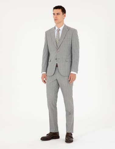 Gri Slim Fit Çizgili Yün Takım Elbise