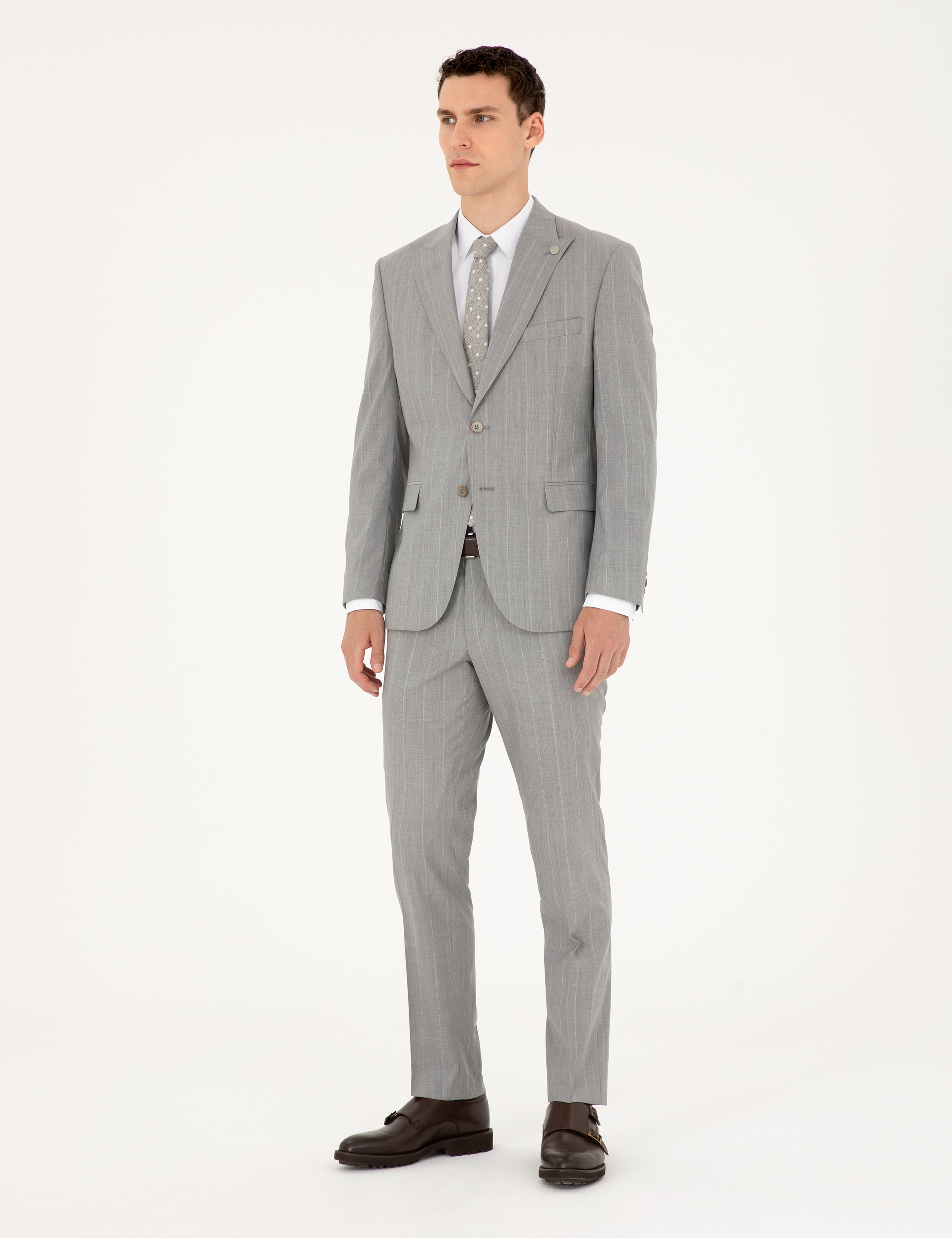 Gri Slim Fit Çizgili Yün Takım Elbise - Image 4