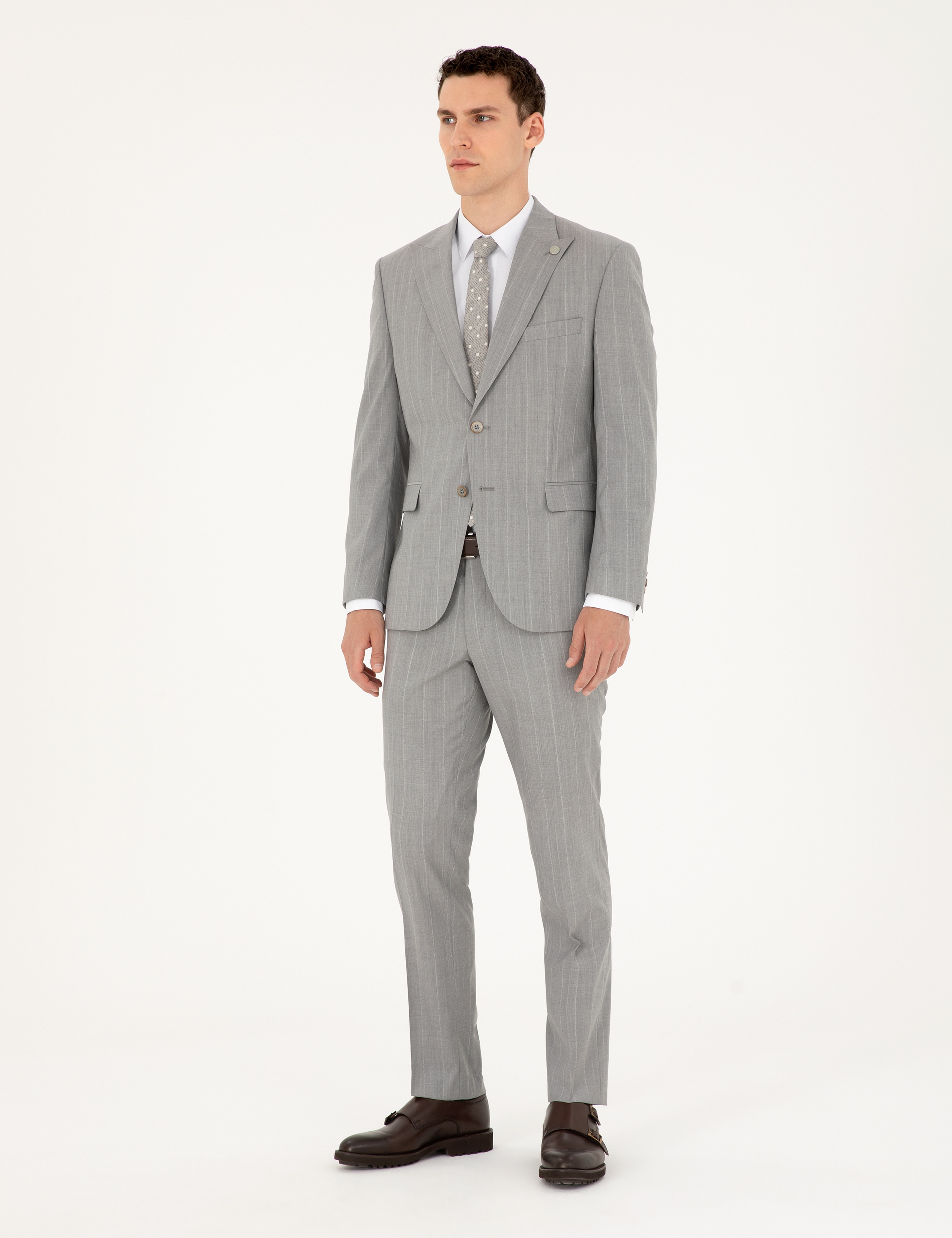 Gri Slim Fit Çizgili Yün Takım Elbise