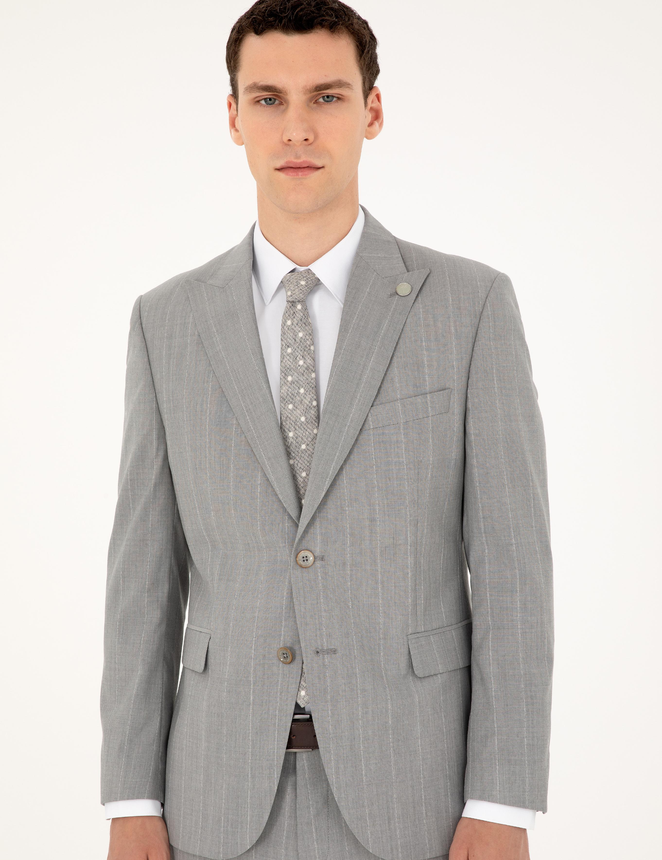 Gri Slim Fit Çizgili Yün Takım Elbise