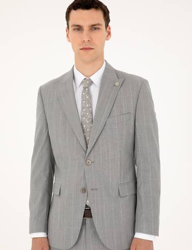 Gri Slim Fit Çizgili Yün Takım Elbise