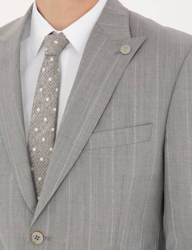 Gri Slim Fit Çizgili Yün Takım Elbise