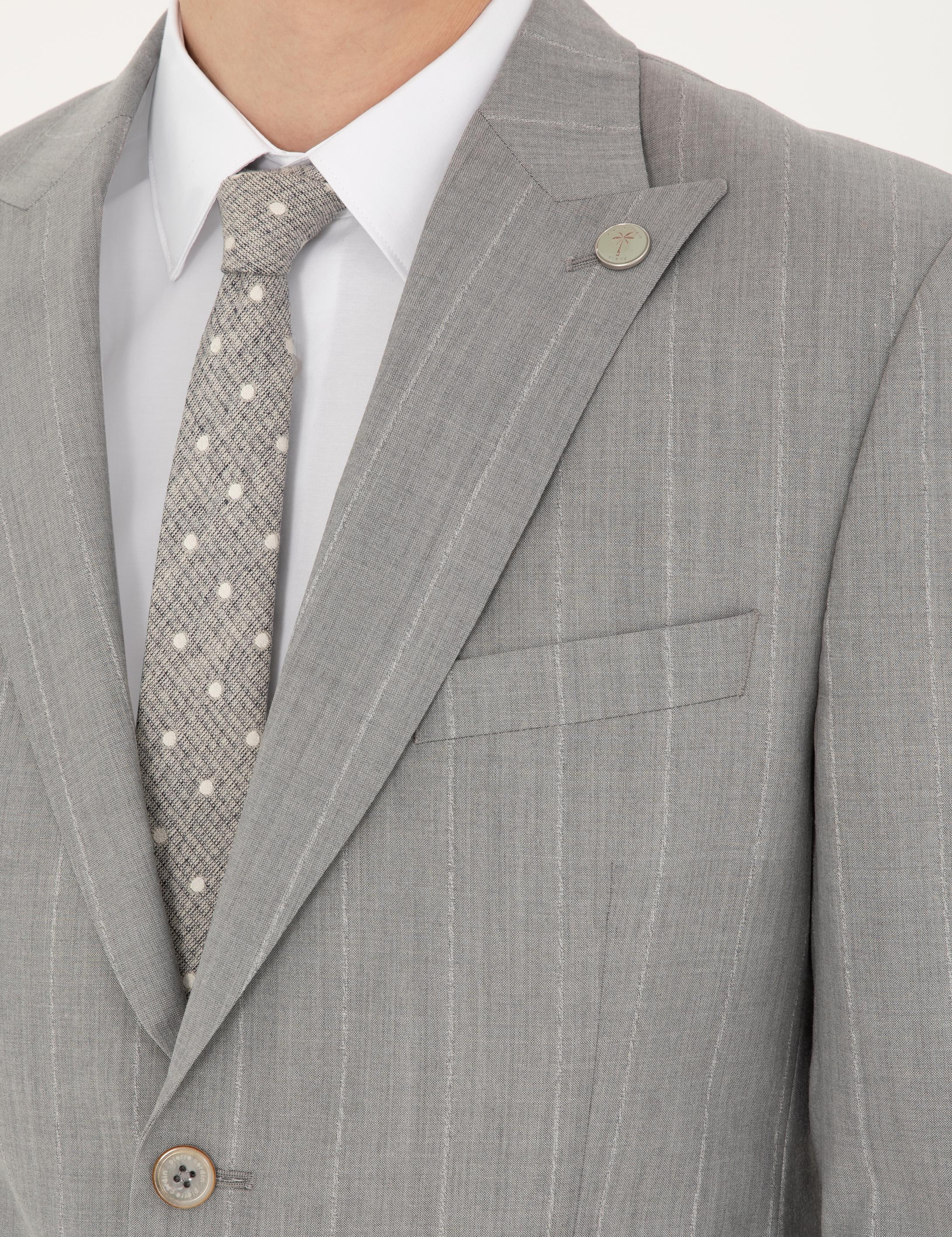 Gri Slim Fit Çizgili Yün Takım Elbise - Image 7