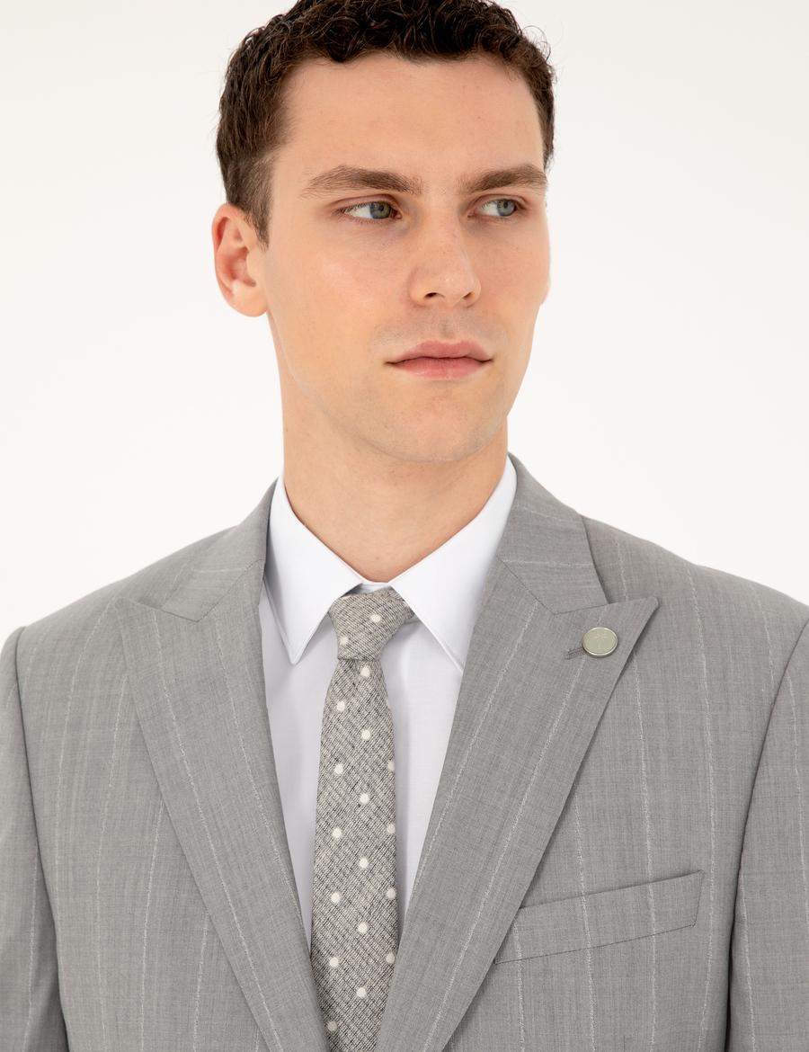 Gri Slim Fit Çizgili Yün Takım Elbise