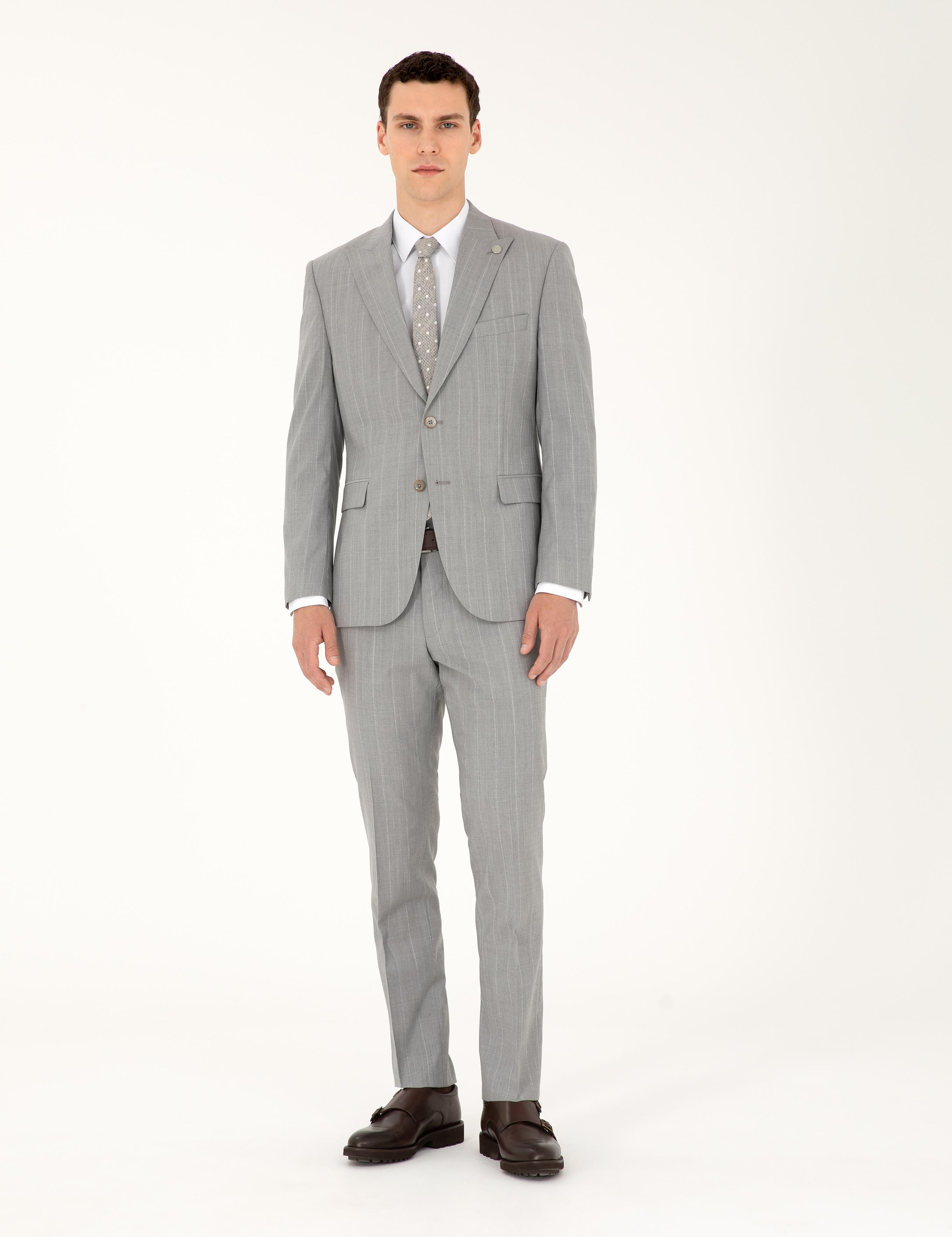 Gri Slim Fit Çizgili Yün Takım Elbise