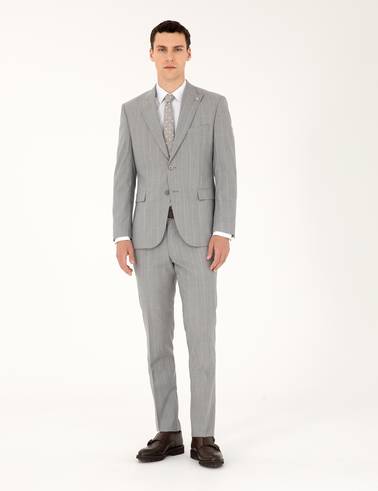 Gri Slim Fit Çizgili Yün Takım Elbise