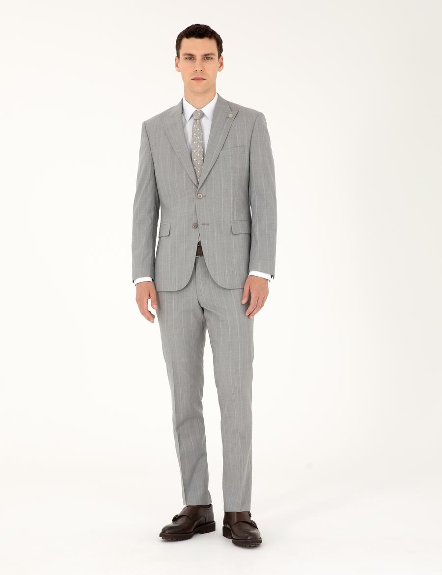 Gri Slim Fit Çizgili Yün Takım Elbise