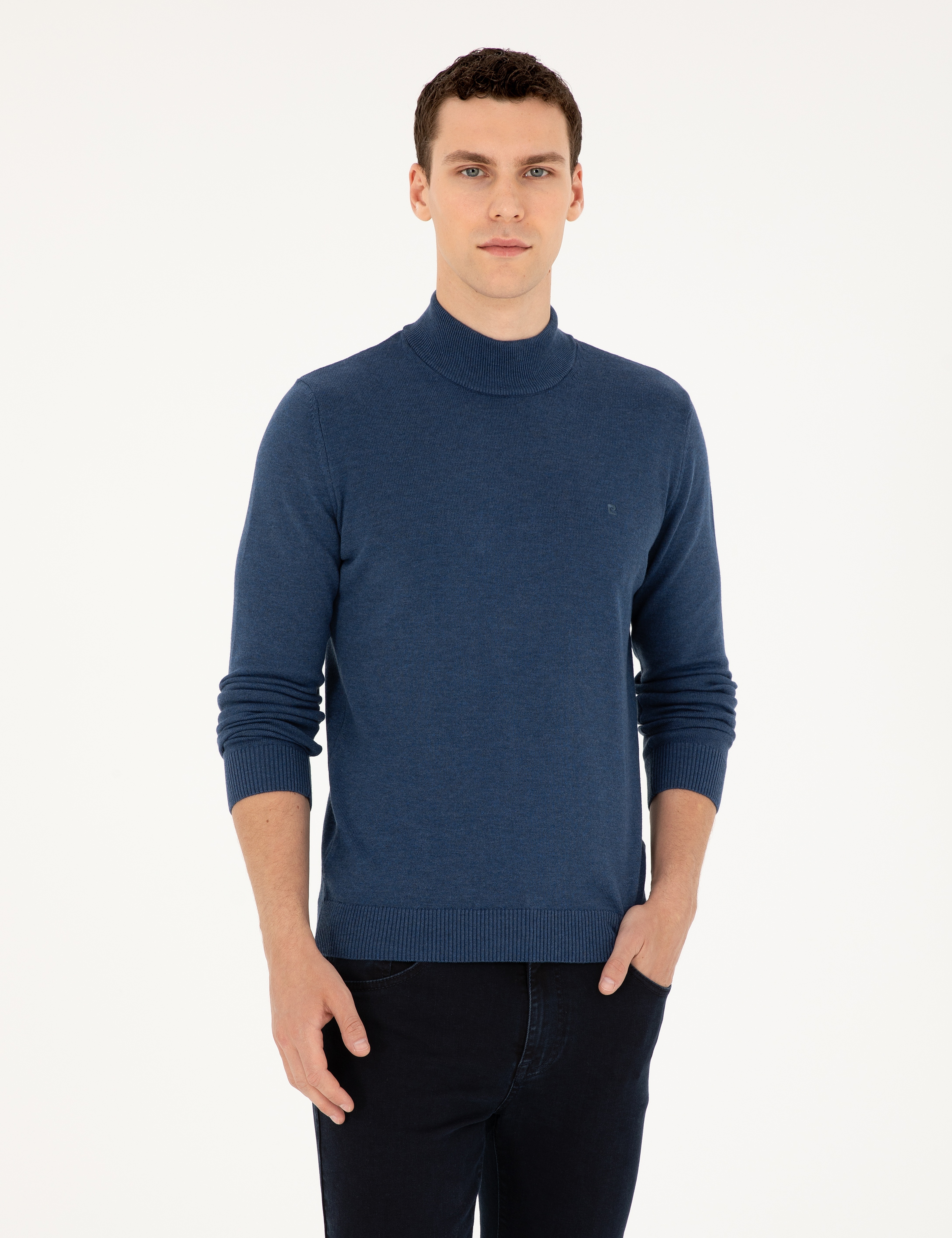 İndigo Melanj Slim Fit Yarım Balıkçı Yaka Basic Triko Kazak