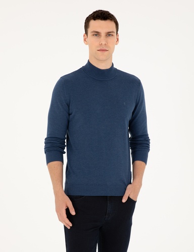 İndigo Melanj Slim Fit Yarım Balıkçı Yaka Basic Triko Kazak