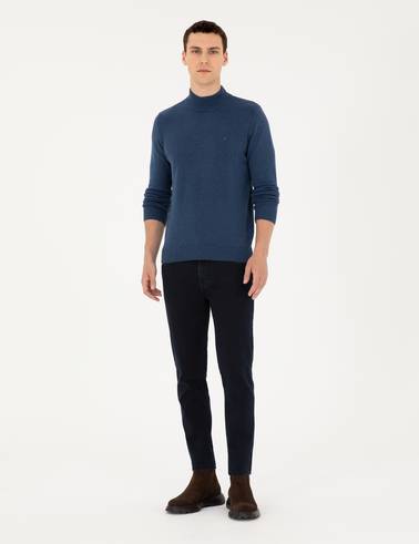 İndigo Melanj Slim Fit Yarım Balıkçı Yaka Basic Triko Kazak