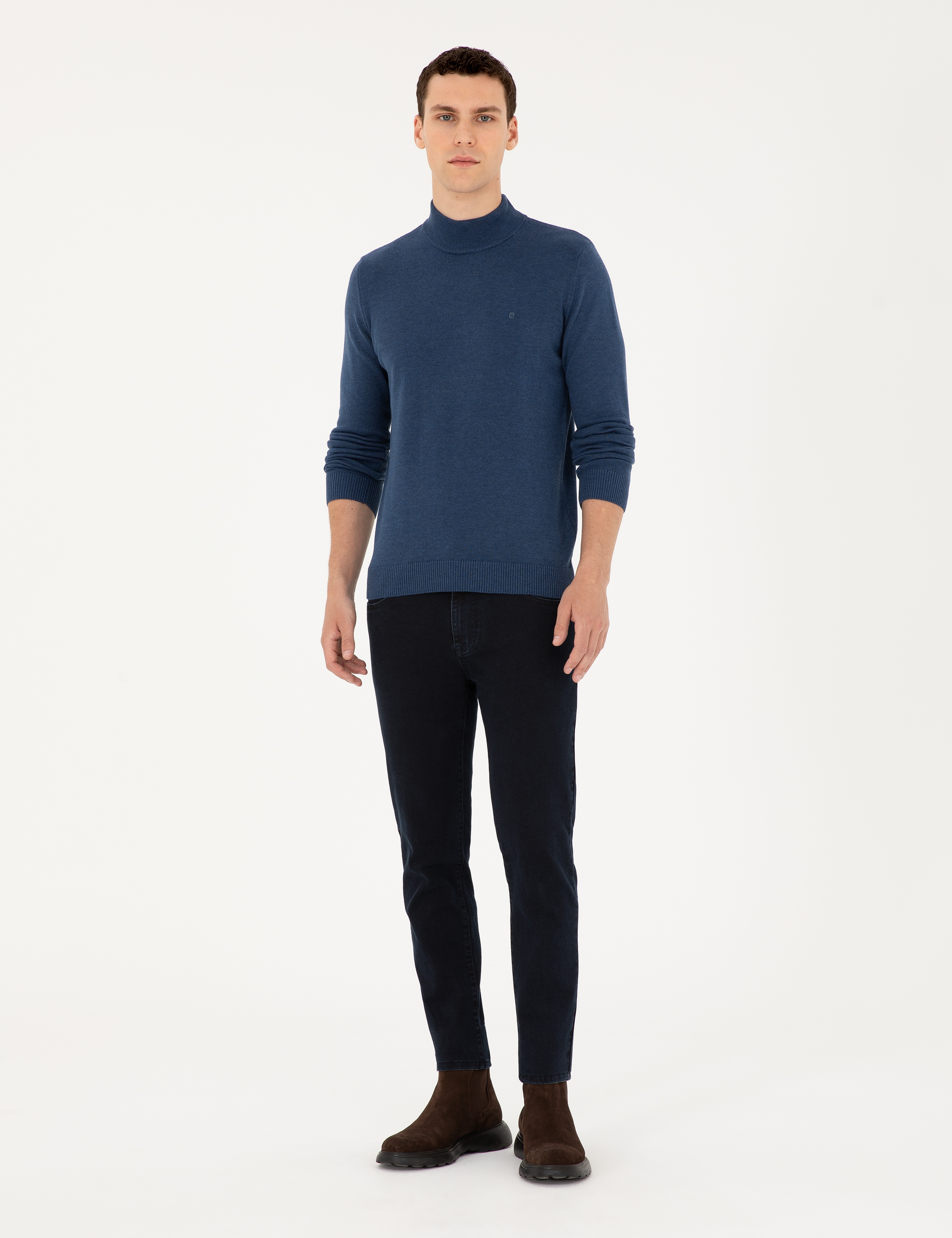 İndigo Melanj Slim Fit Yarım Balıkçı Yaka Basic Triko Kazak