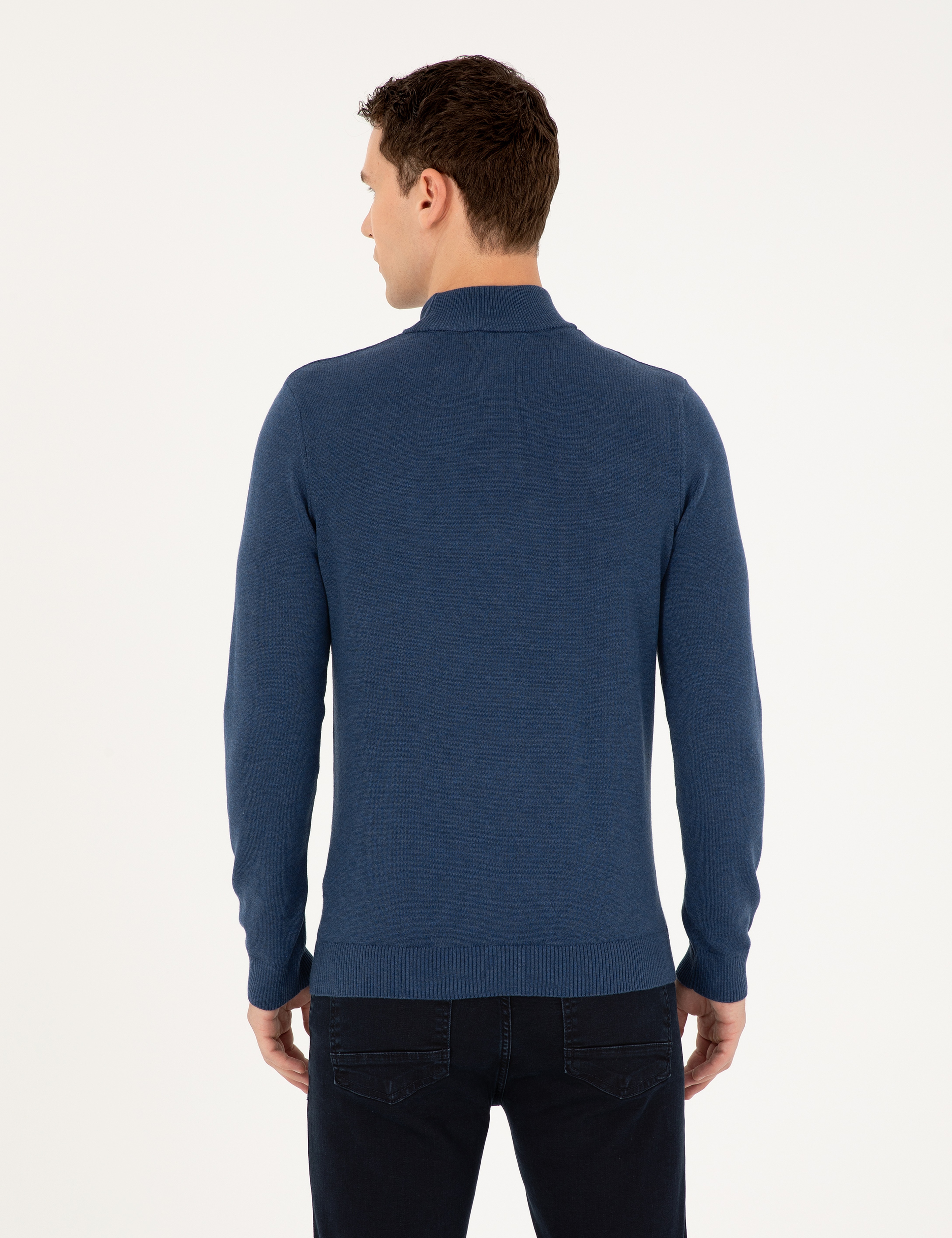 İndigo Melanj Slim Fit Yarım Balıkçı Yaka Basic Triko Kazak - Image 5