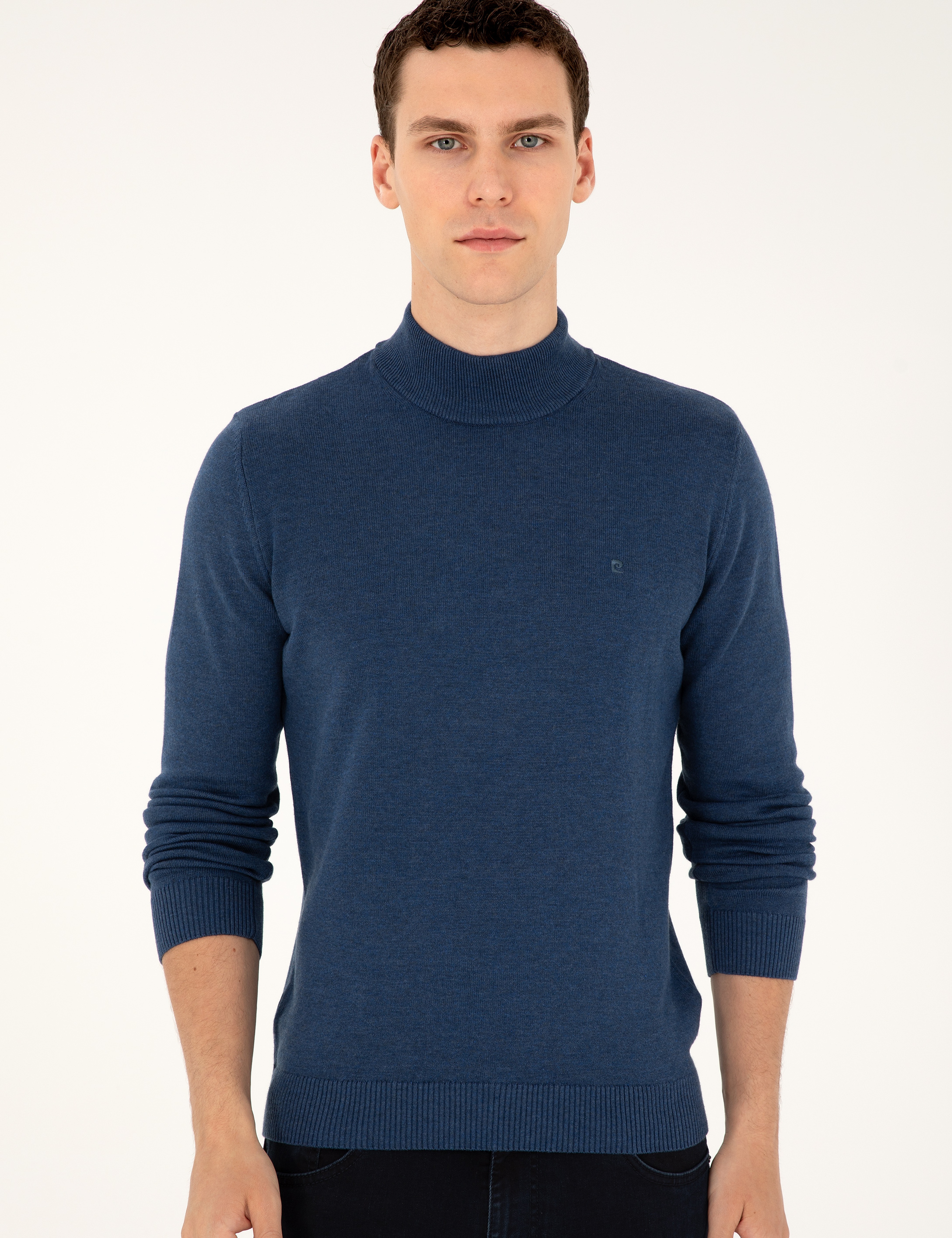 İndigo Melanj Slim Fit Yarım Balıkçı Yaka Basic Triko Kazak - Image 3