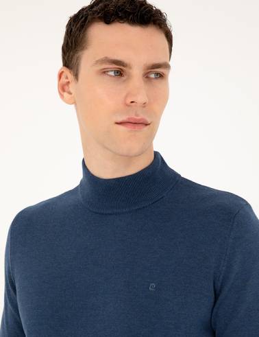 İndigo Melanj Slim Fit Yarım Balıkçı Yaka Basic Triko Kazak