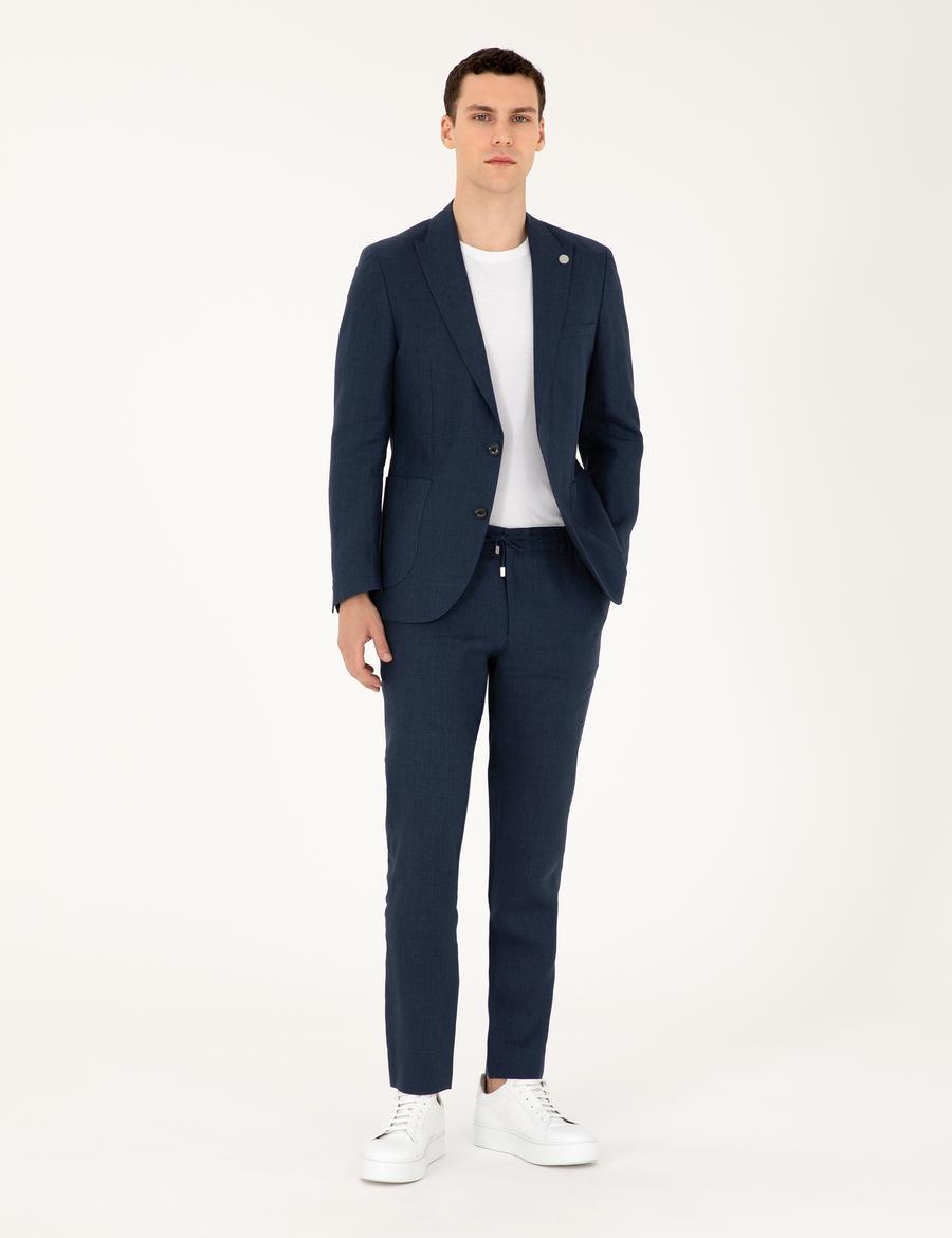 Lacivert Ex. Slim Fit %100 Keten Takım Elbise