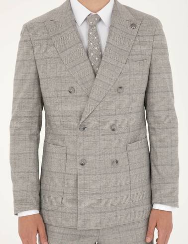 Gri Ex. Slim Fit Ekose Kruvaze Takım Elbise