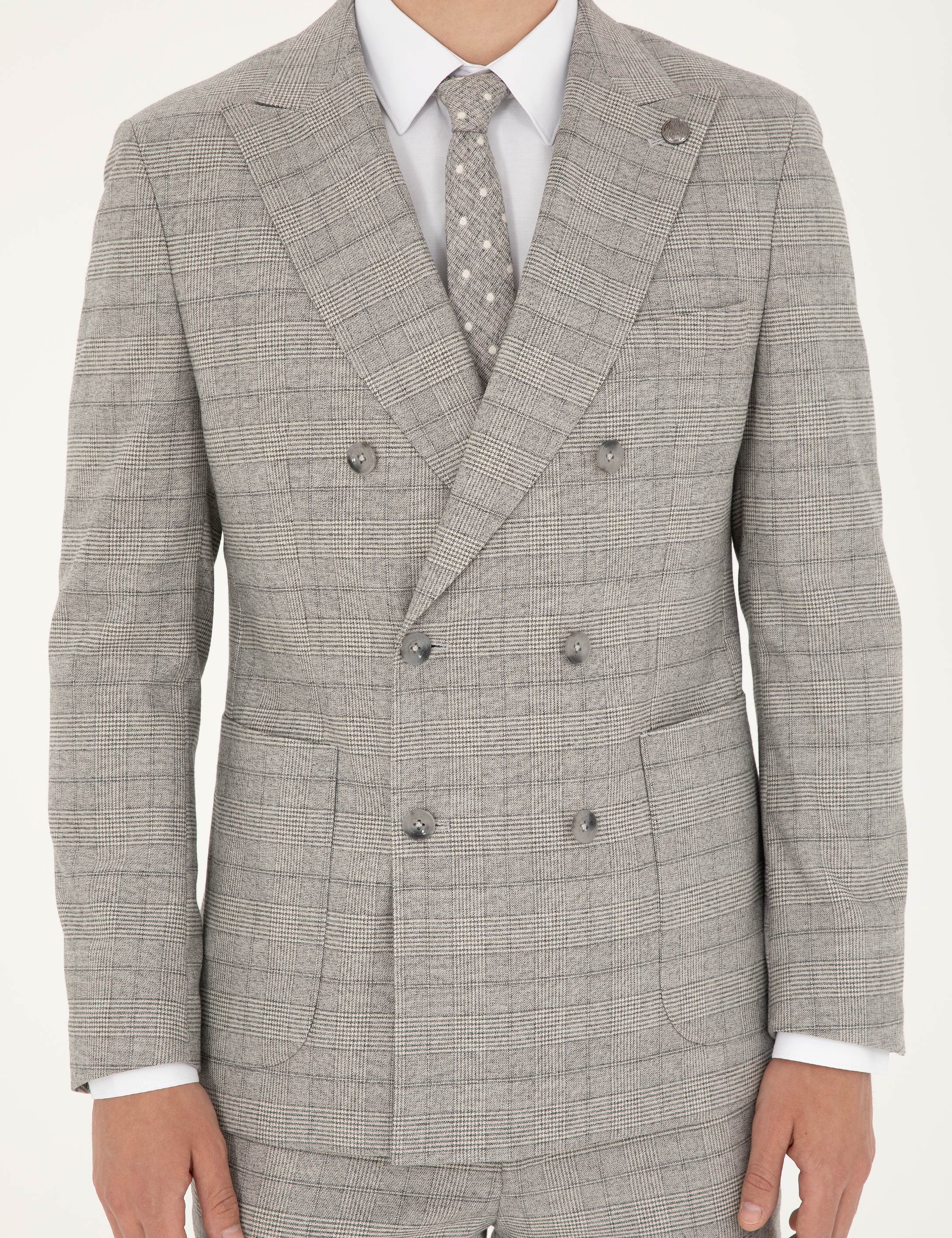 Gri Extra Slim Fit Ekose Kruvaze Takım Elbise - Image 6