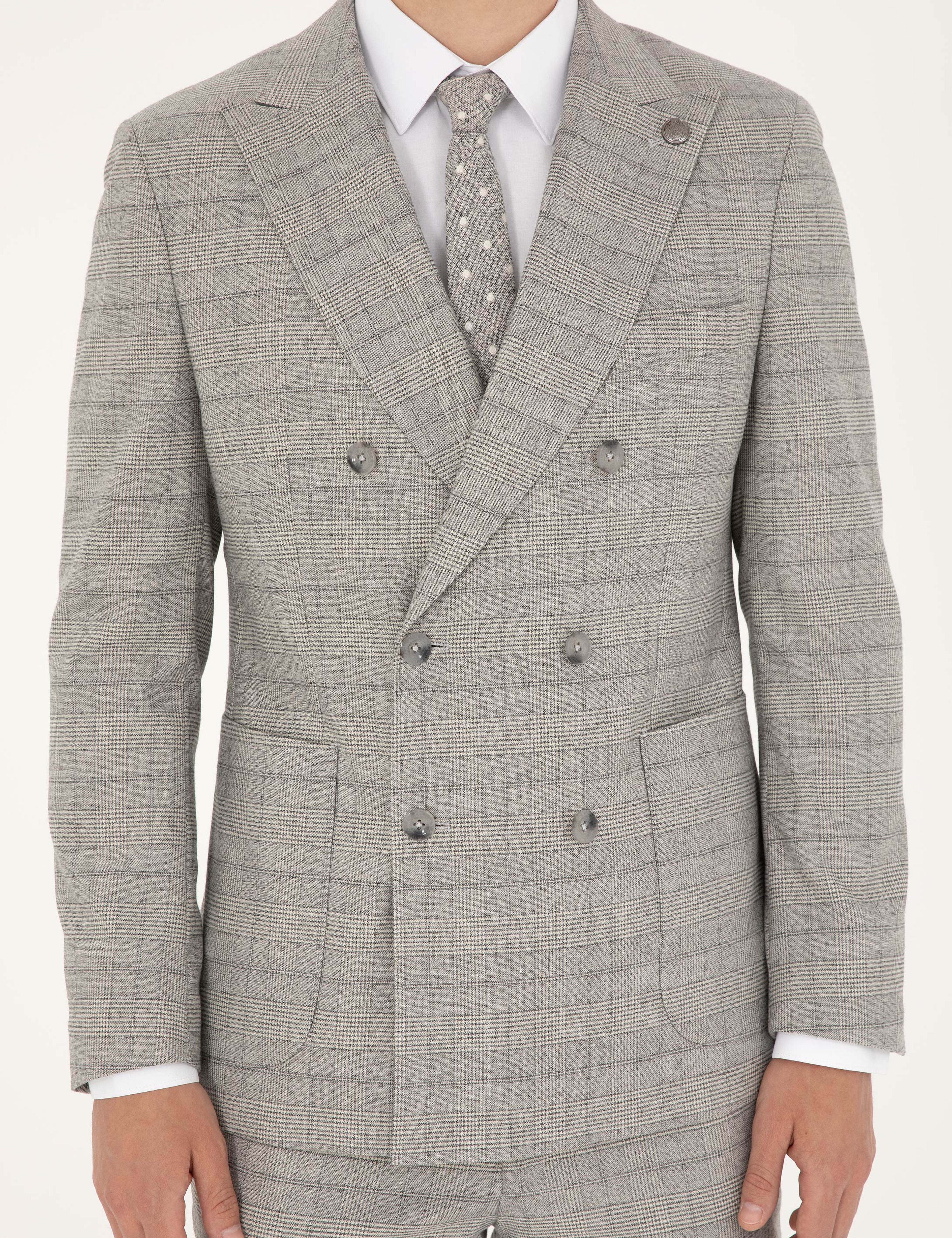 Gri Extra Slim Fit Ekose Kruvaze Takım Elbise