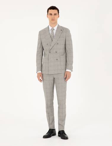 Gri Ex. Slim Fit Ekose Kruvaze Takım Elbise