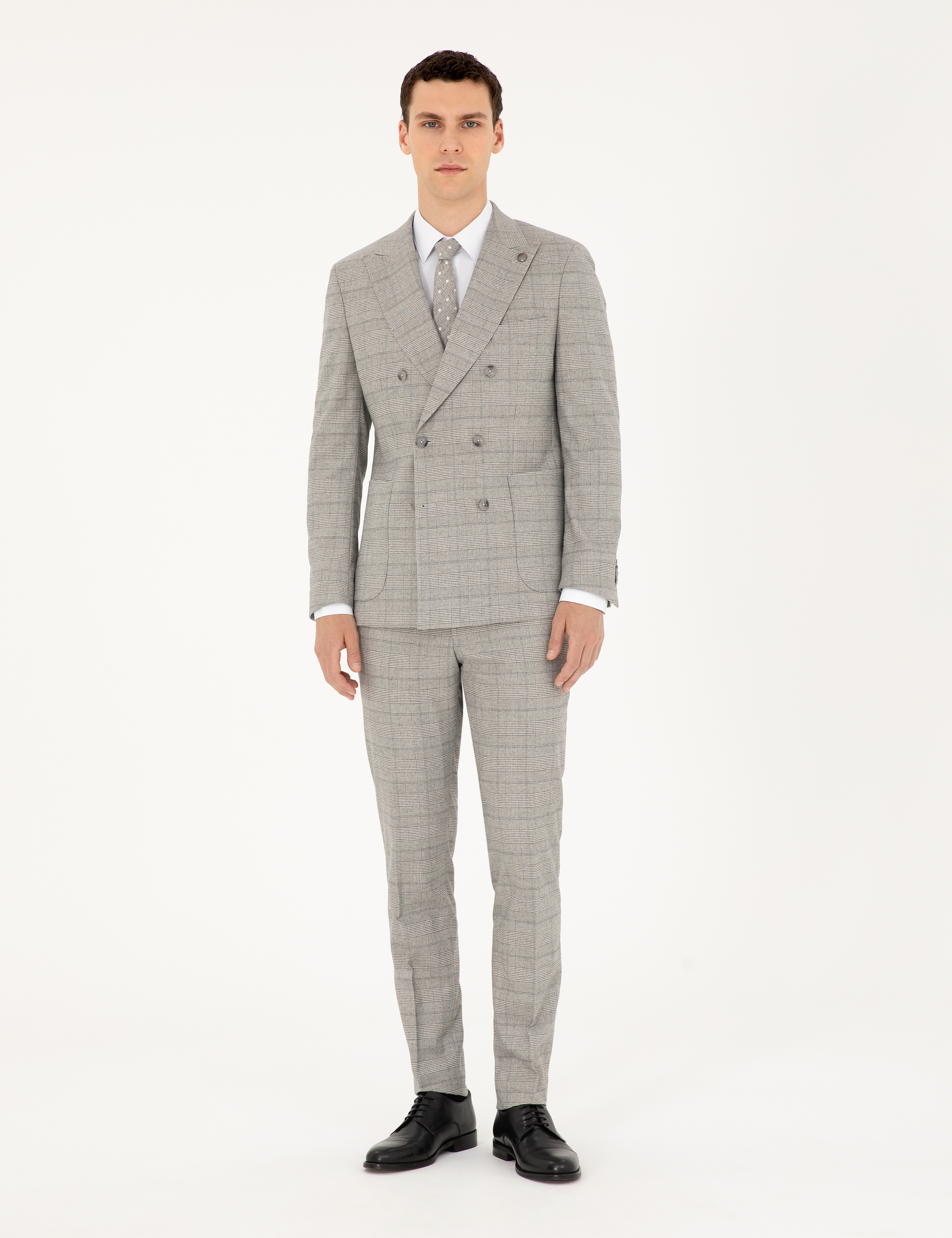 Gri Extra Slim Fit Ekose Kruvaze Takım Elbise - Image 1