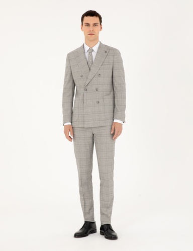 Gri Extra Slim Fit Ekose Kruvaze Takım Elbise