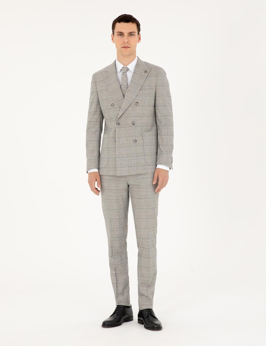 Gri Ex. Slim Fit Ekose Kruvaze Takım Elbise